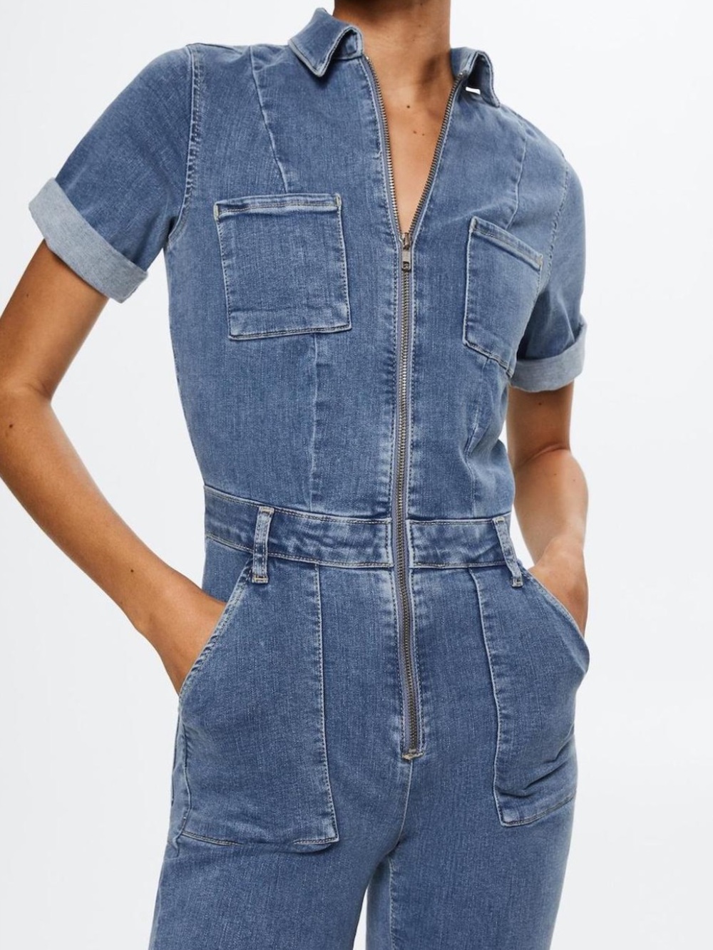MANGO Blue Denim Zip-Front Jumpsuit